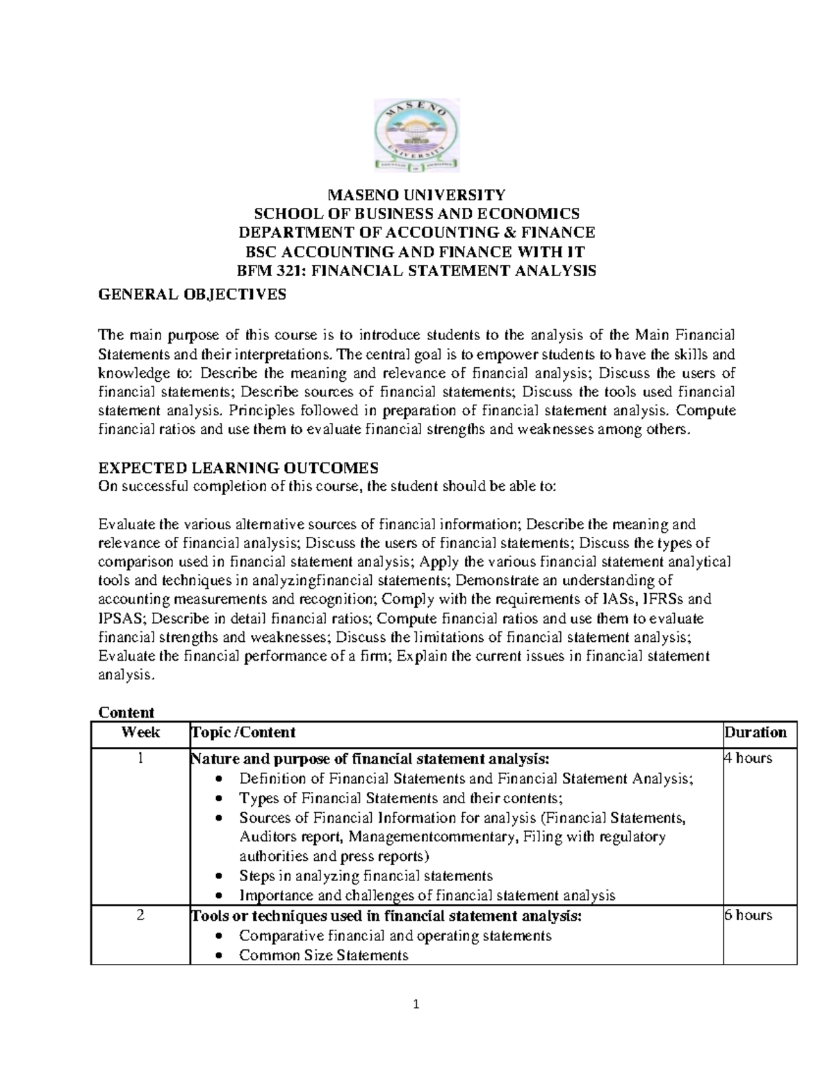Financial Statement Analysis Course Outline