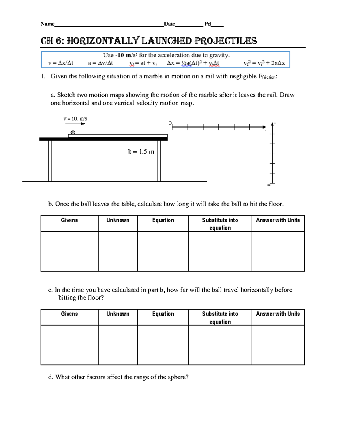 Horizontal launched projectile w.s - Name Date Pd Ch 6: Horizontally ...