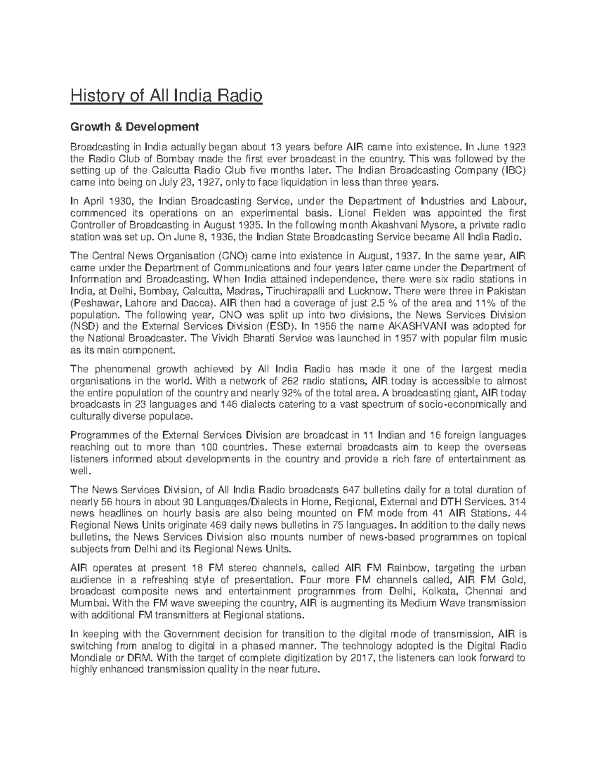 History of AIR History of All India Radio Growth & Development