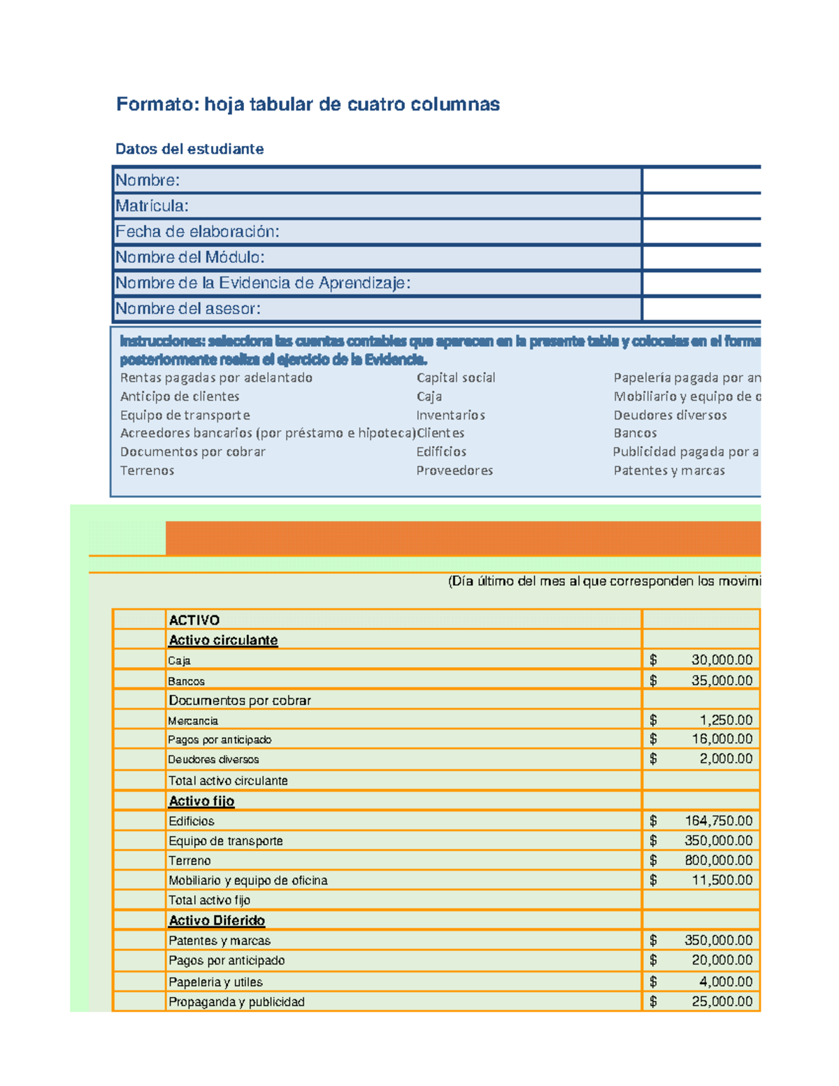 Balance - Formato: hoja tabular de cuatro columnas ACTIVO Activo ...