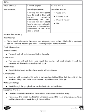 Read, Write, Talk Lesson - LESSON DETAILS Date: 16. Time: 11: Class ...