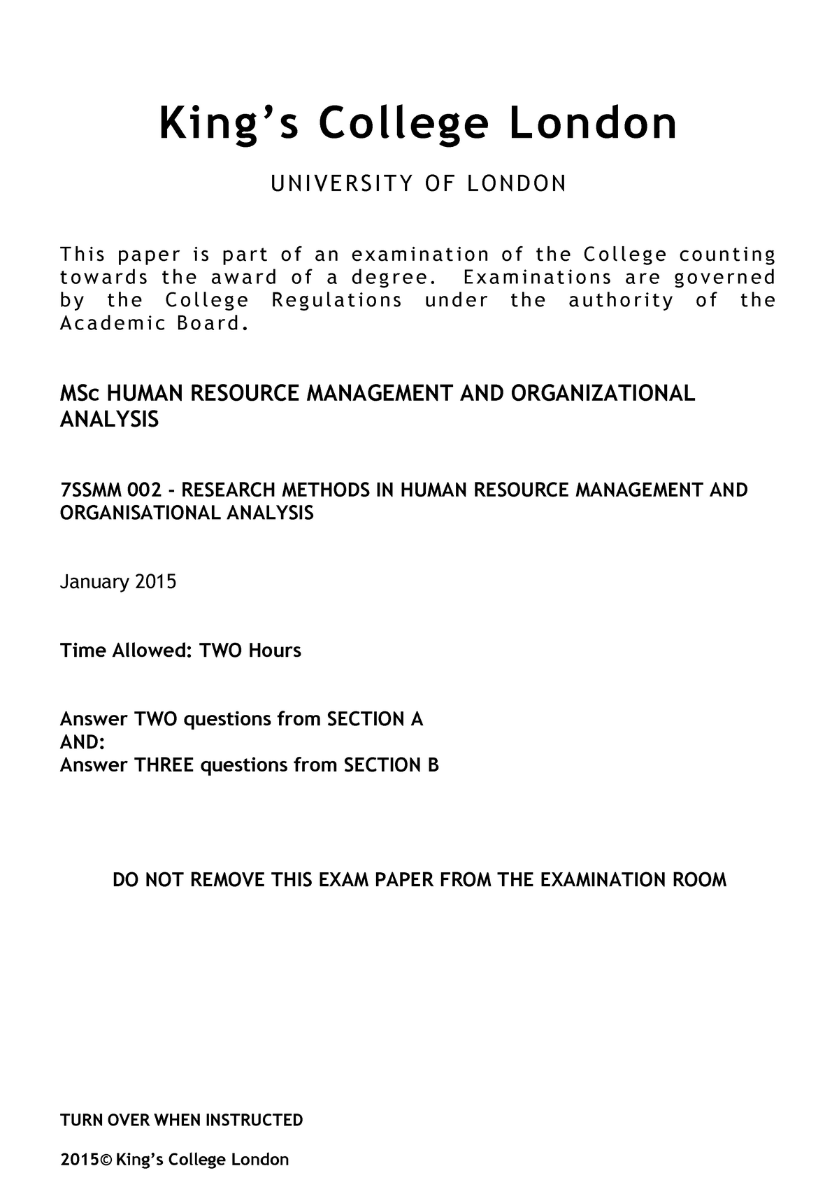 Exam January 2015 Questions 7ssmm002 Kcl Studocu - 