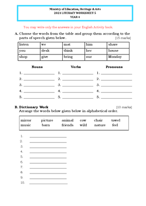 year 4 literacy worksheet 5 2021 you may write only the answers in your english activity book a studocu