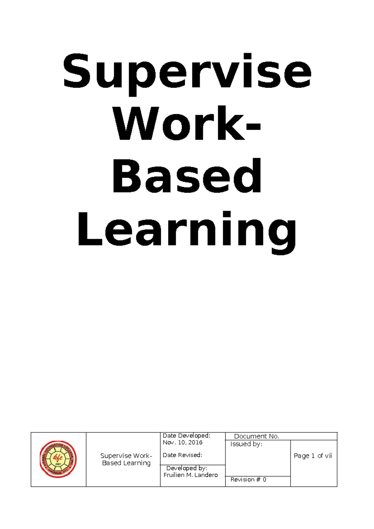 Supervise Work Based Learning FORM 1 1 S - Supervise Work- Based ...