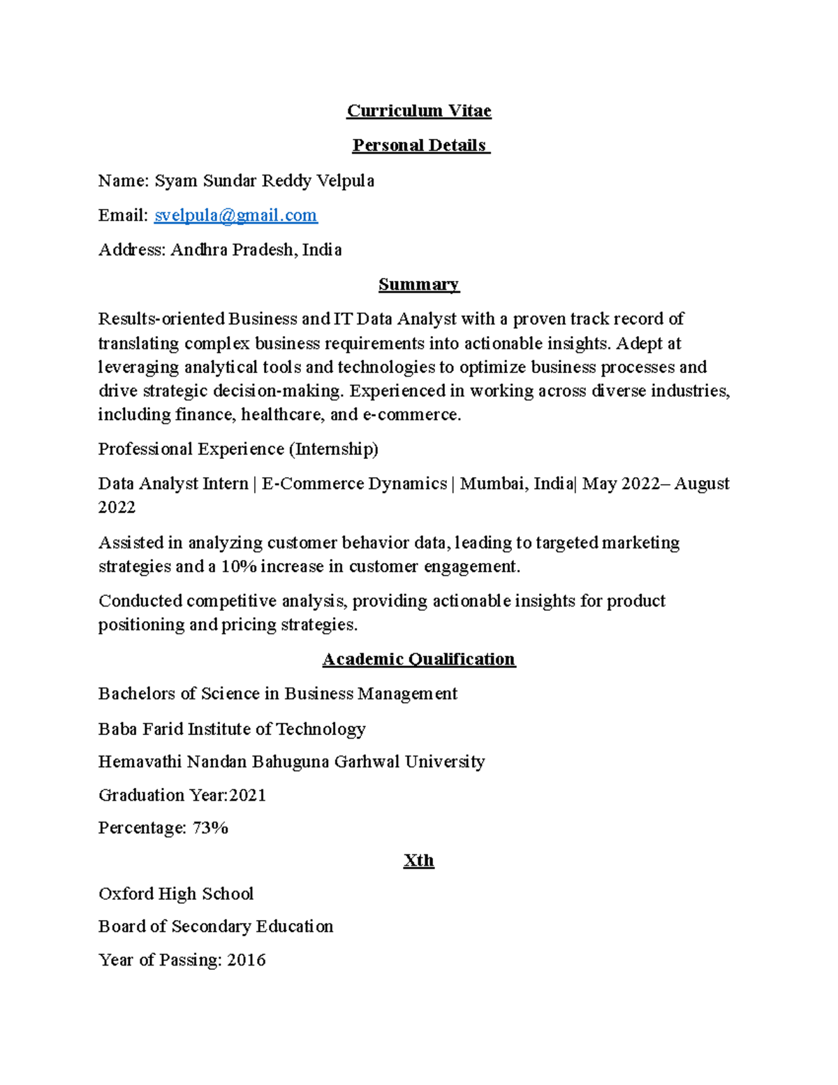 Syam Resume - Revision materials - Curriculum Vitae Personal Details ...