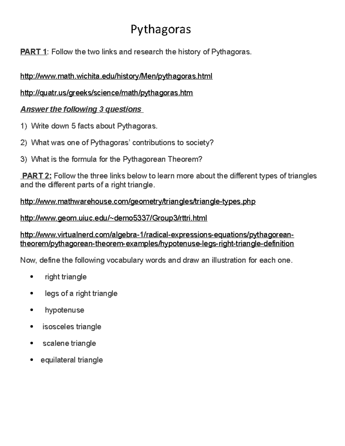Pythagoras Web Quest - Use Web - Pythagoras PART 1: Follow the two ...