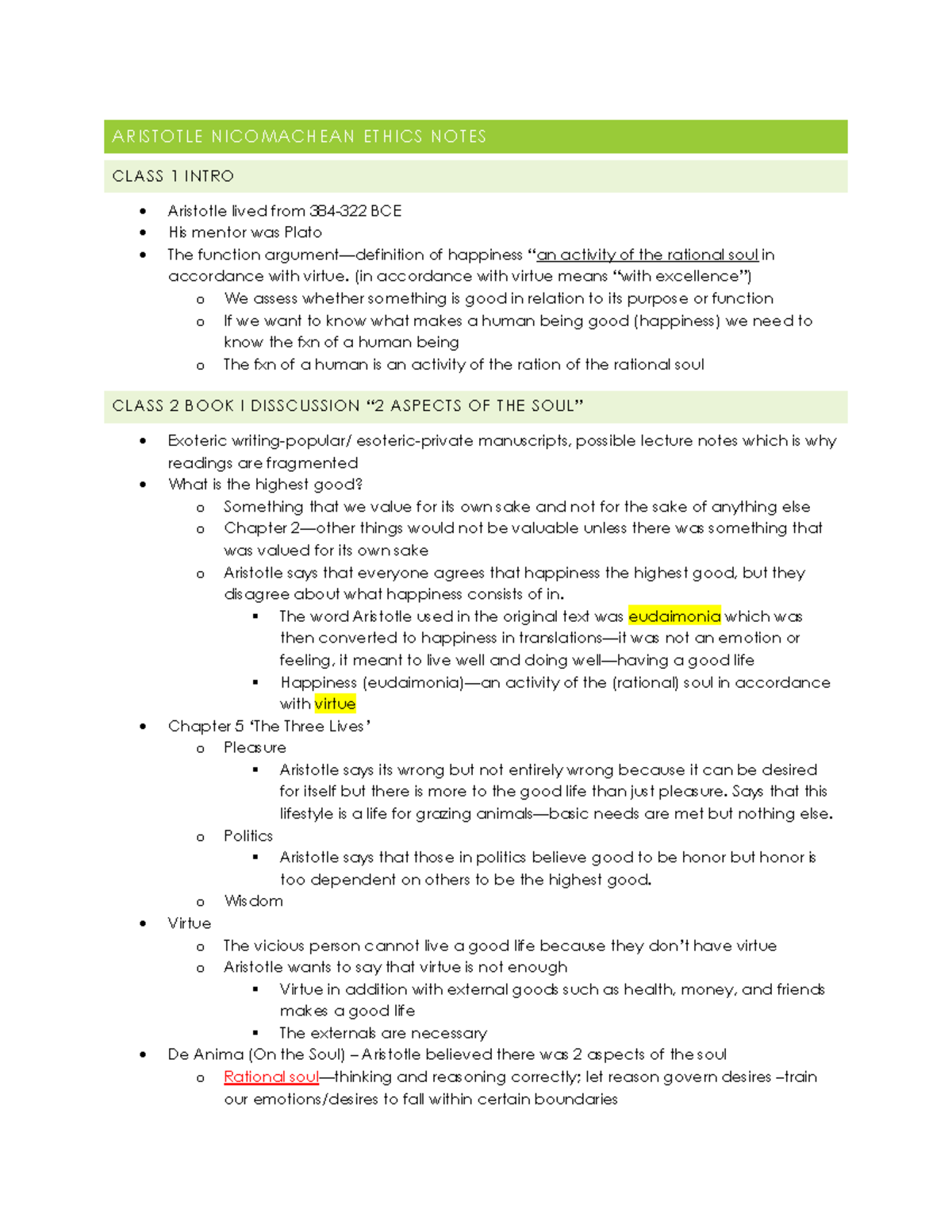 Aristotle Nichomachean Ethics Notes - ARISTOTLE NICOMACHEAN ETHICS ...