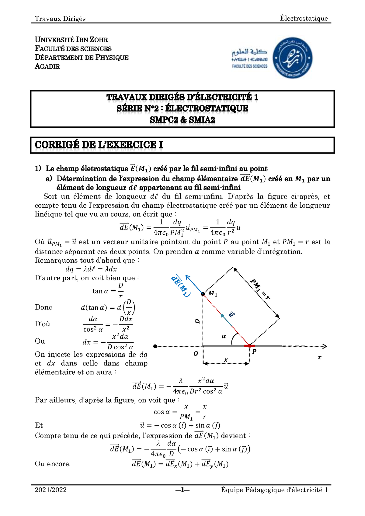 TD2 Electrostatique 2021-2022 Corrigé-FIN - UNIVERSITÉ IBN ZOHR FACULTÉ ...