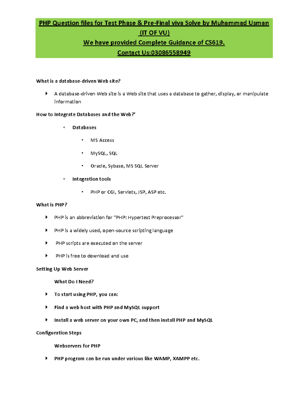 Test Phase & Pre Final Question By M. Usman - (IT OF VU) We have ...