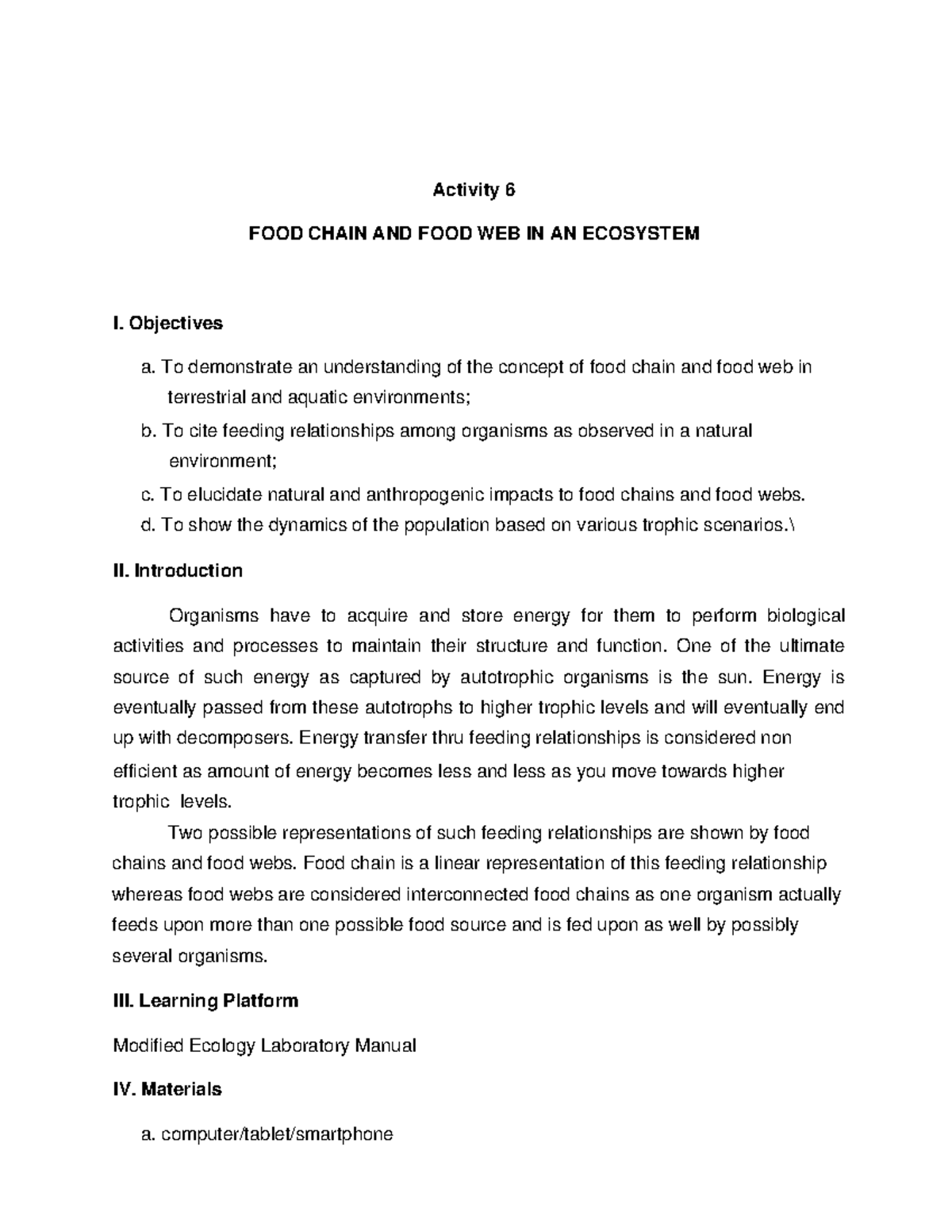 Act 6 ecolab - Activities about FOOD CHAIN AND FOOD WEB IN AN ECOSYSTEM ...