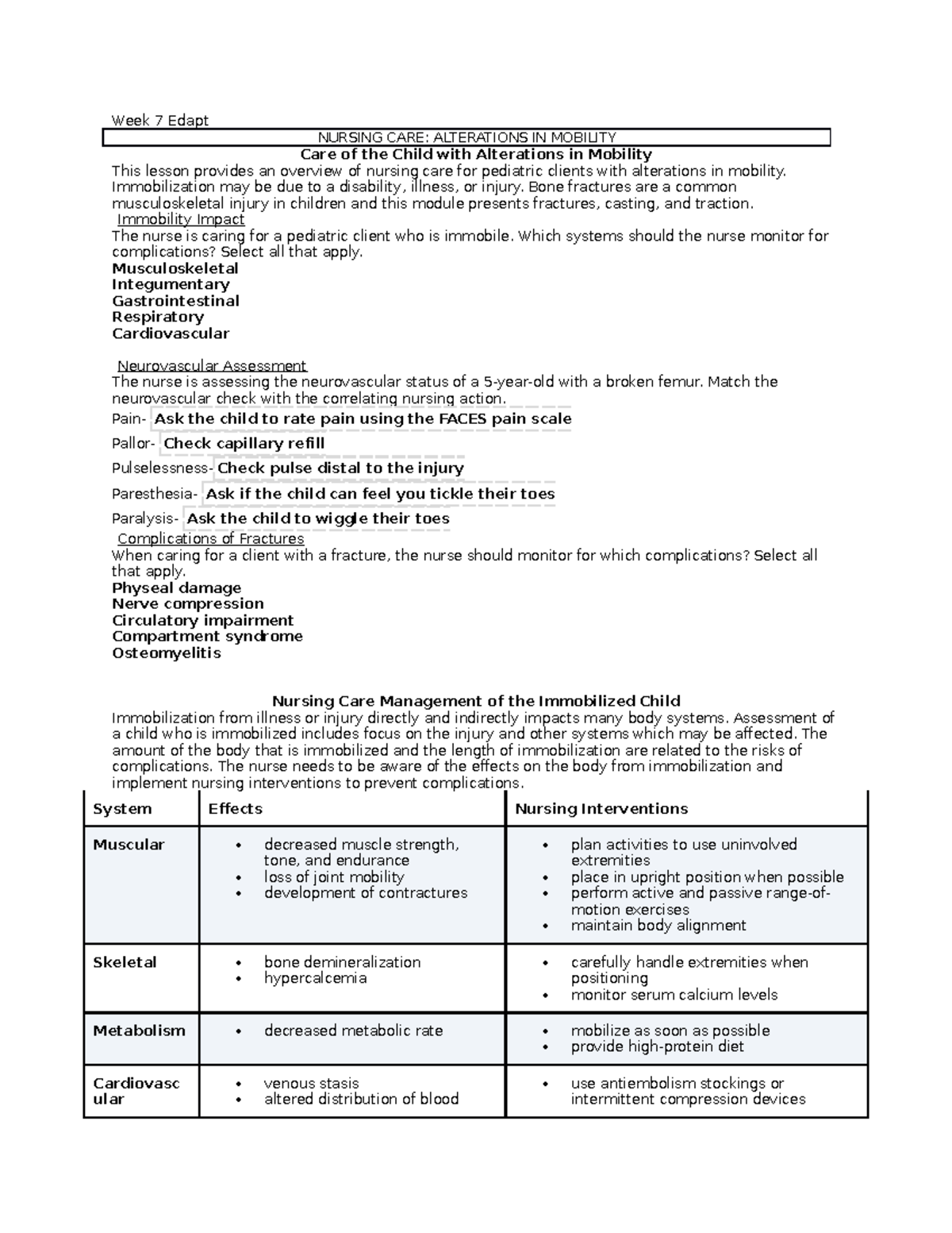 Week 7 Edapt - Week 7 Edapt NURSING CARE: ALTERATIONS IN MOBILITY Care ...