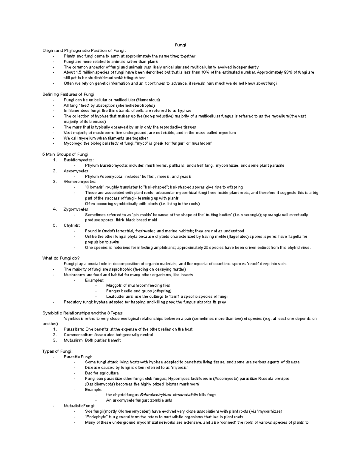 Fungi Study Sheet - Fungi Origin and Phylogenetic Position of Fungi ...