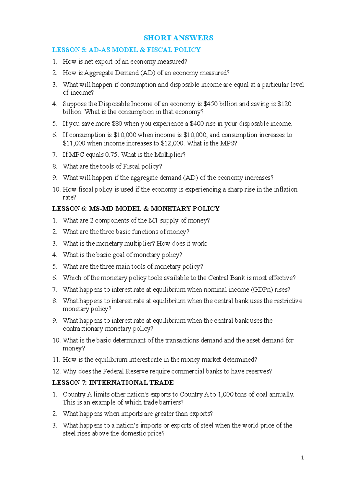 PSUECO152 Short Answers & Essays SHORT ANSWERS LESSON 5 ADAS MODEL & FISCAL POLICY How is