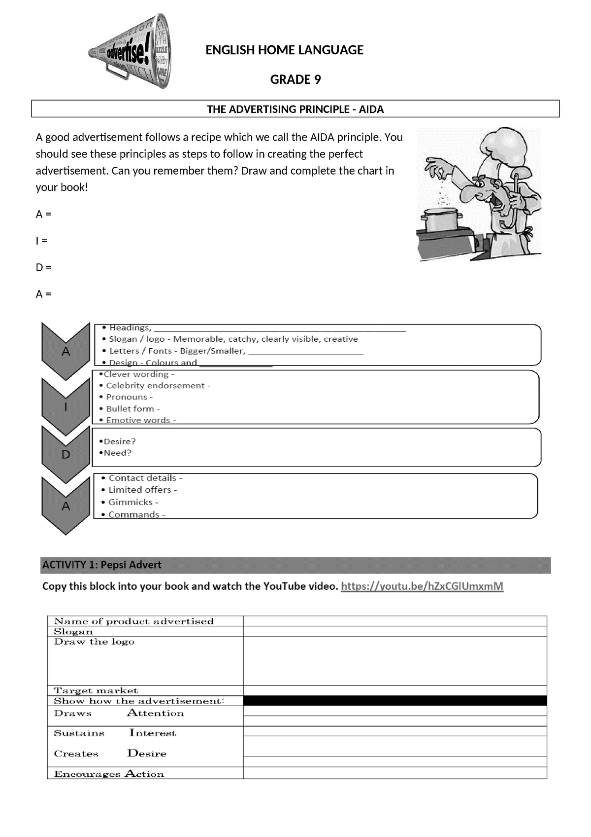 Grade 9 Eng HL Advertising recipe learners worksheet ENGLISH HOME