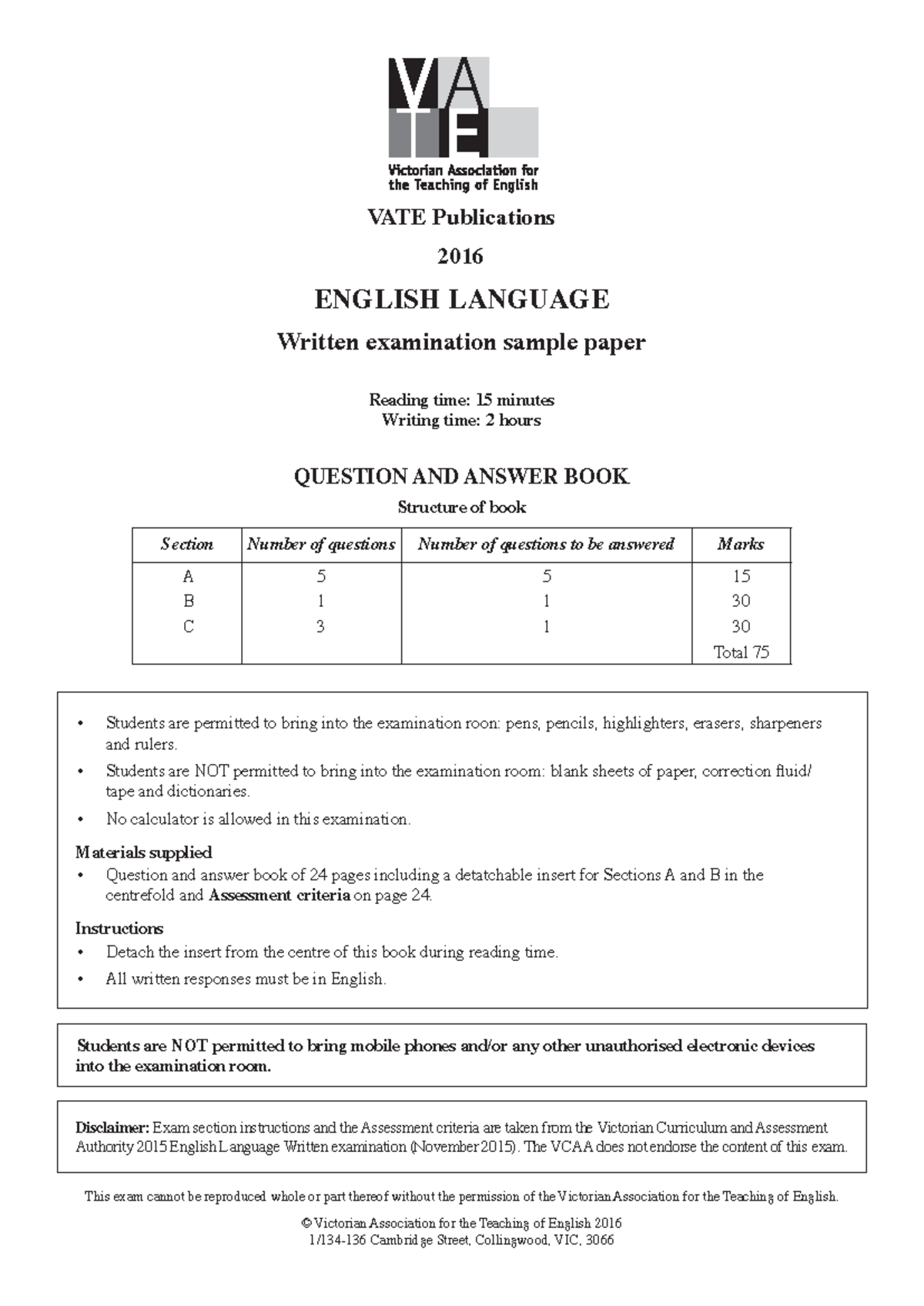 2016 VATE Final Exam Eng Lang - VATE Publications 2016 ENGLISH LANGUAGE ...