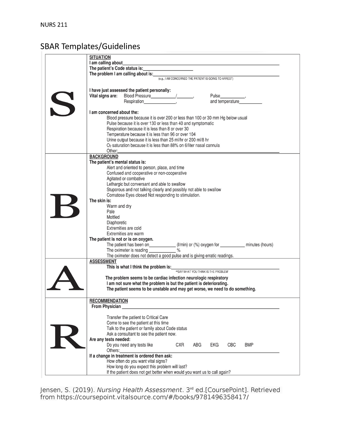 SBAR Templates - sbar assignment - NURS 211 SBAR Templates/Guidelines ...