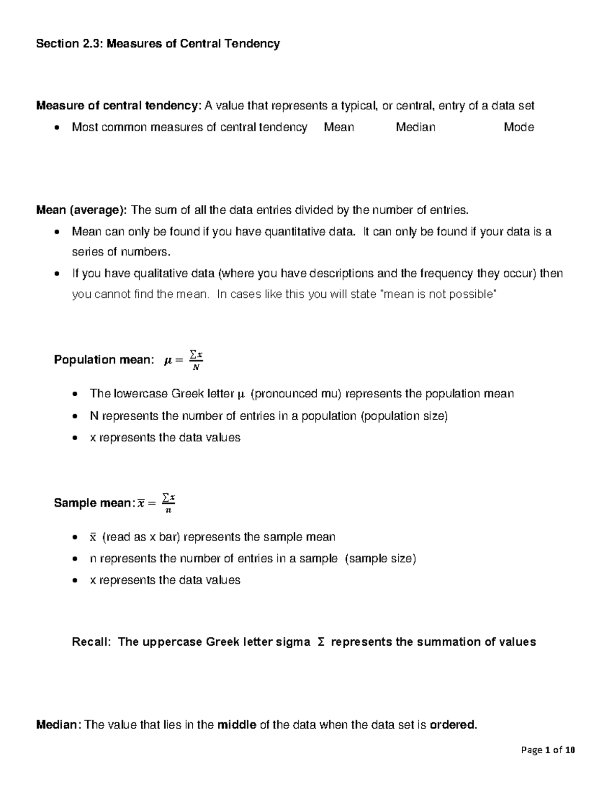 Section 2.3 Notes - Section 2: Measures of Central Tendency Measure of ...