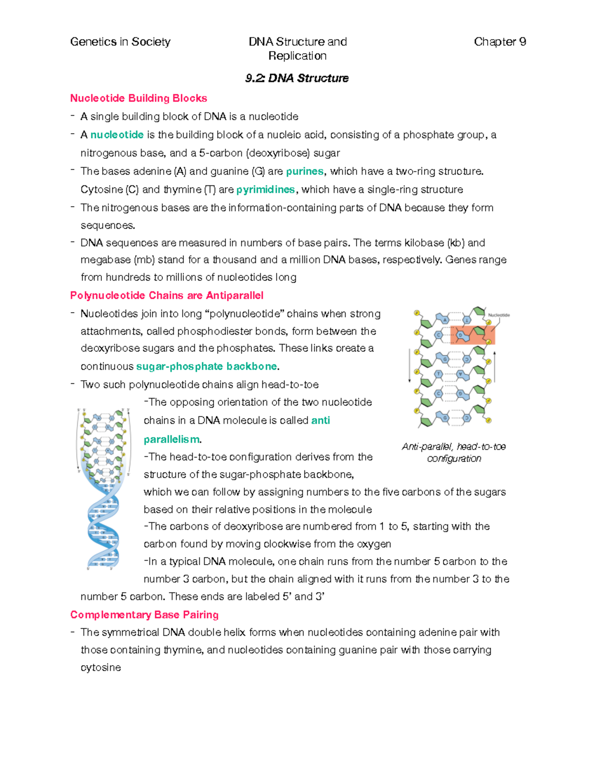 Genetics in Society, W7 Chapter 9-12 Notes - Genetics in Society DNA ...