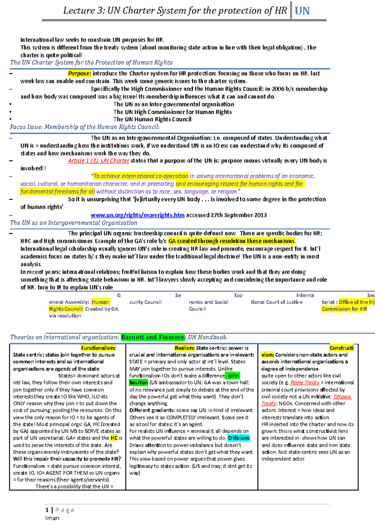 Lecture Notes - UN Charter System For The Protection Of HR - Lecture 3 ...