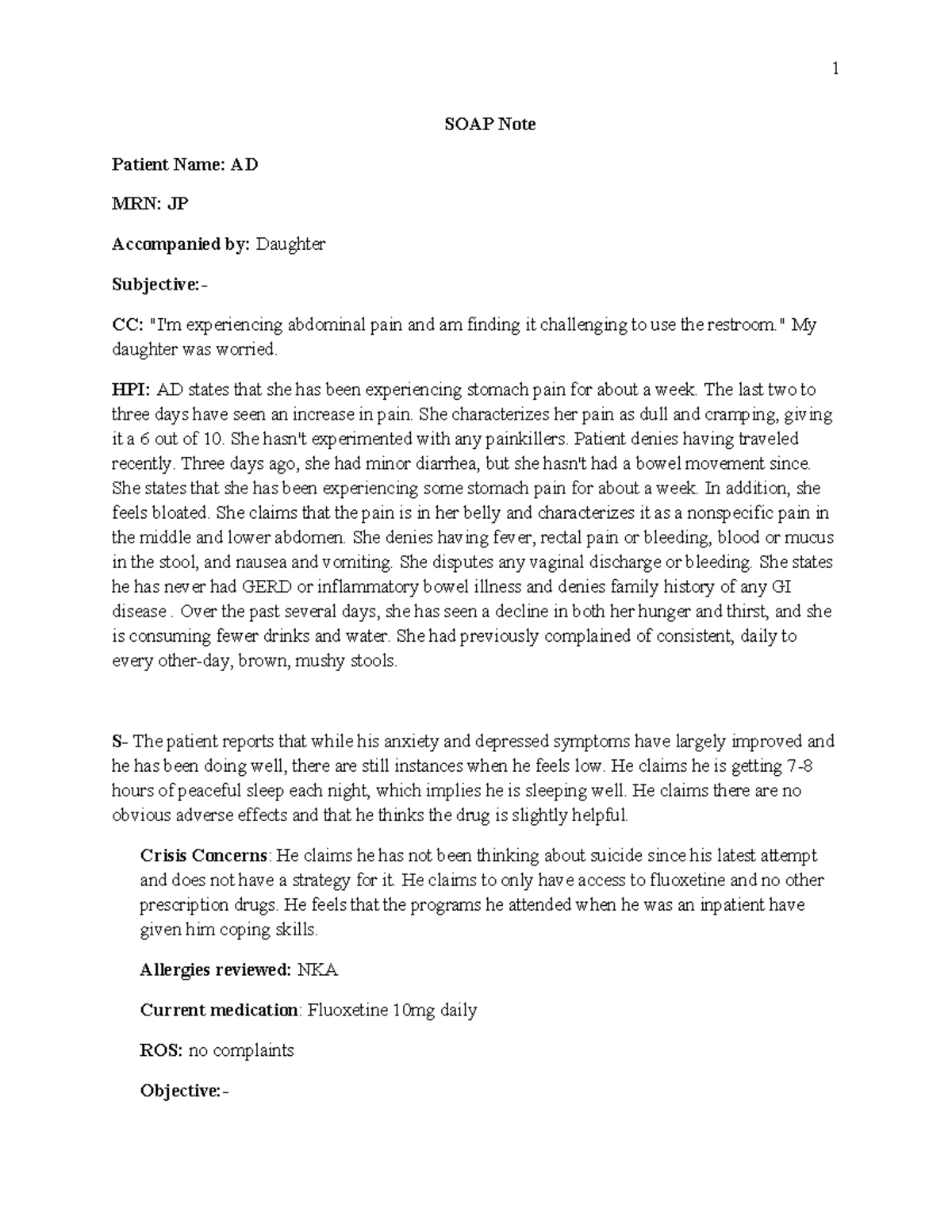 Soap note -RUQ Pain - qwqe - SOAP Note Patient Name: AD MRN: JP ...