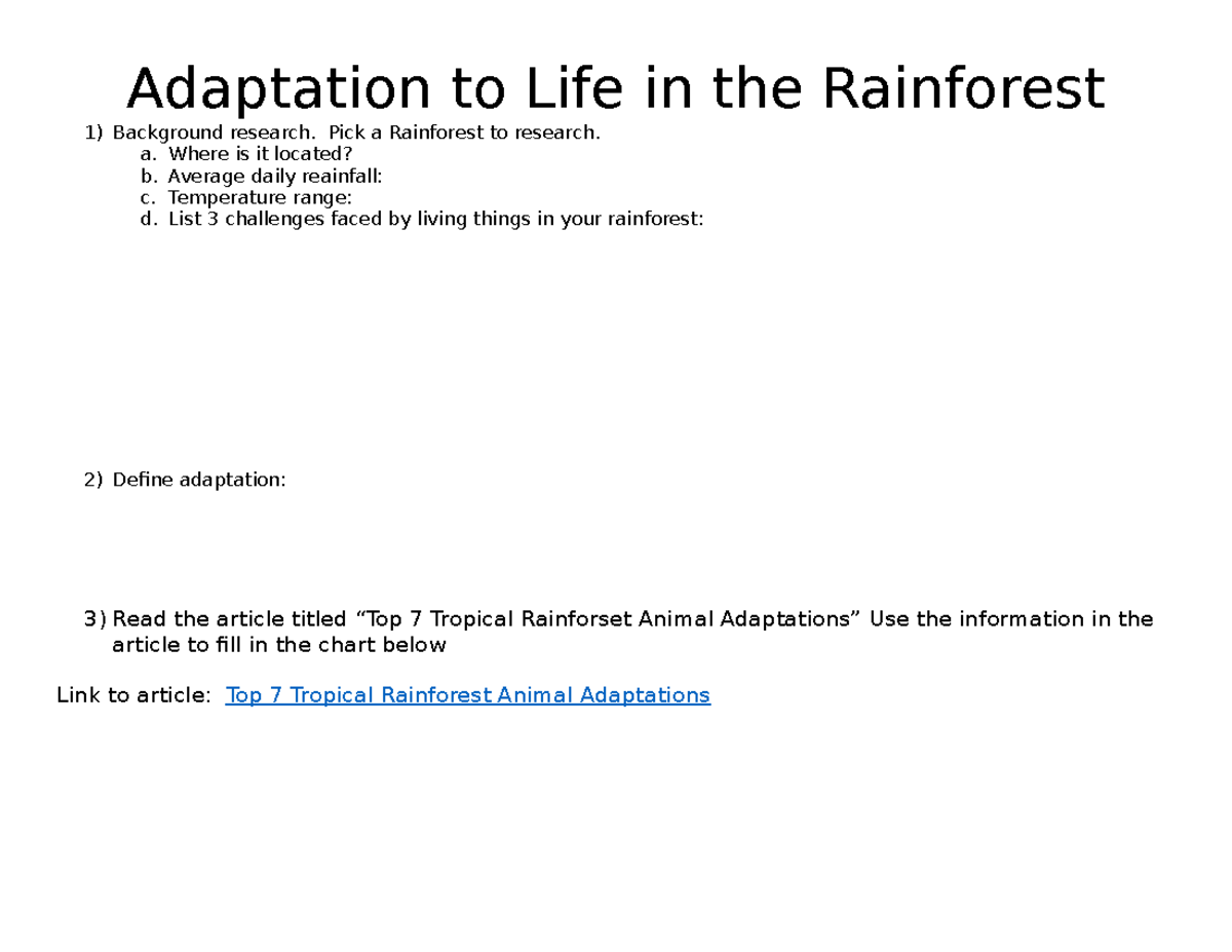 Rainforest Adaptations Adaptation to Life in the Rainforest