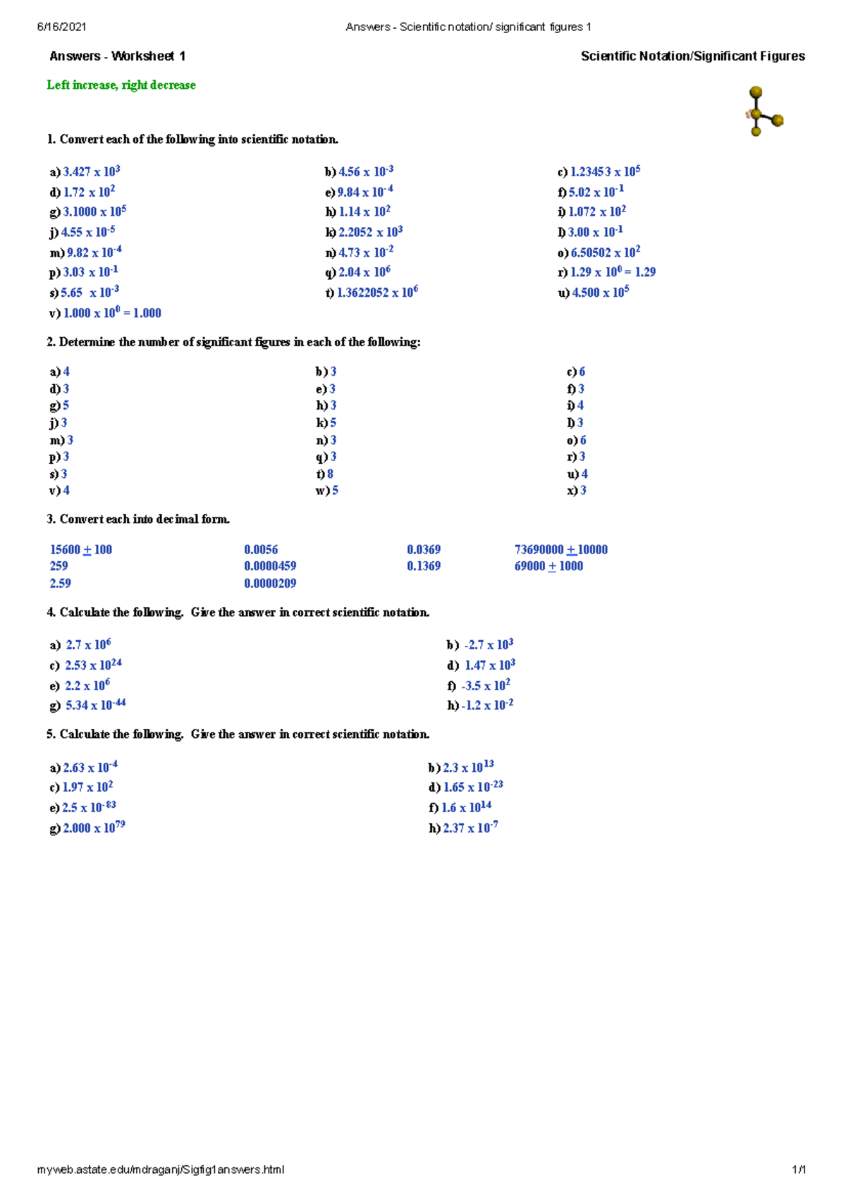 Worksheet 1 Scientific notation significant figures (ans) Answers Worksheet 1 Scientific