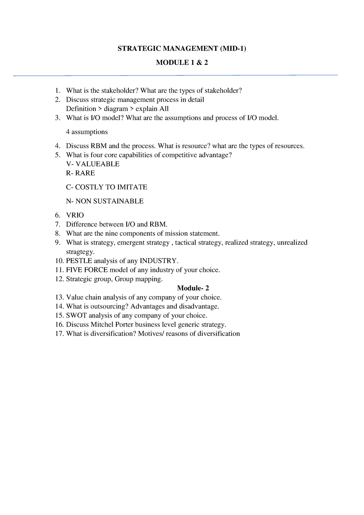 Strategic Management MID EXAM With Answer - STRATEGIC MANAGEMENT (MID-1 ...