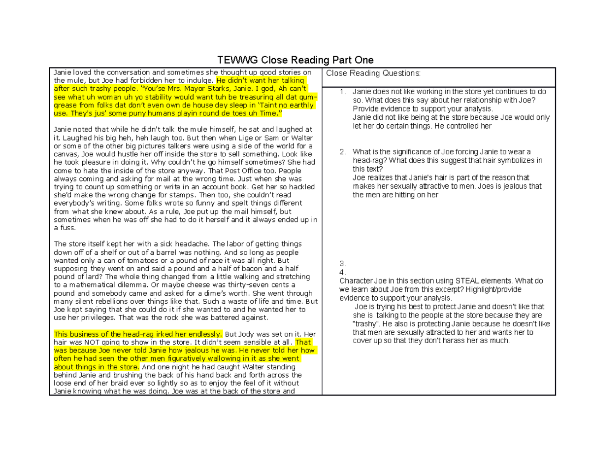 Ch+6+Close+Read+ Tewwg+Part+One - TEWWG Close Reading Part One Janie ...
