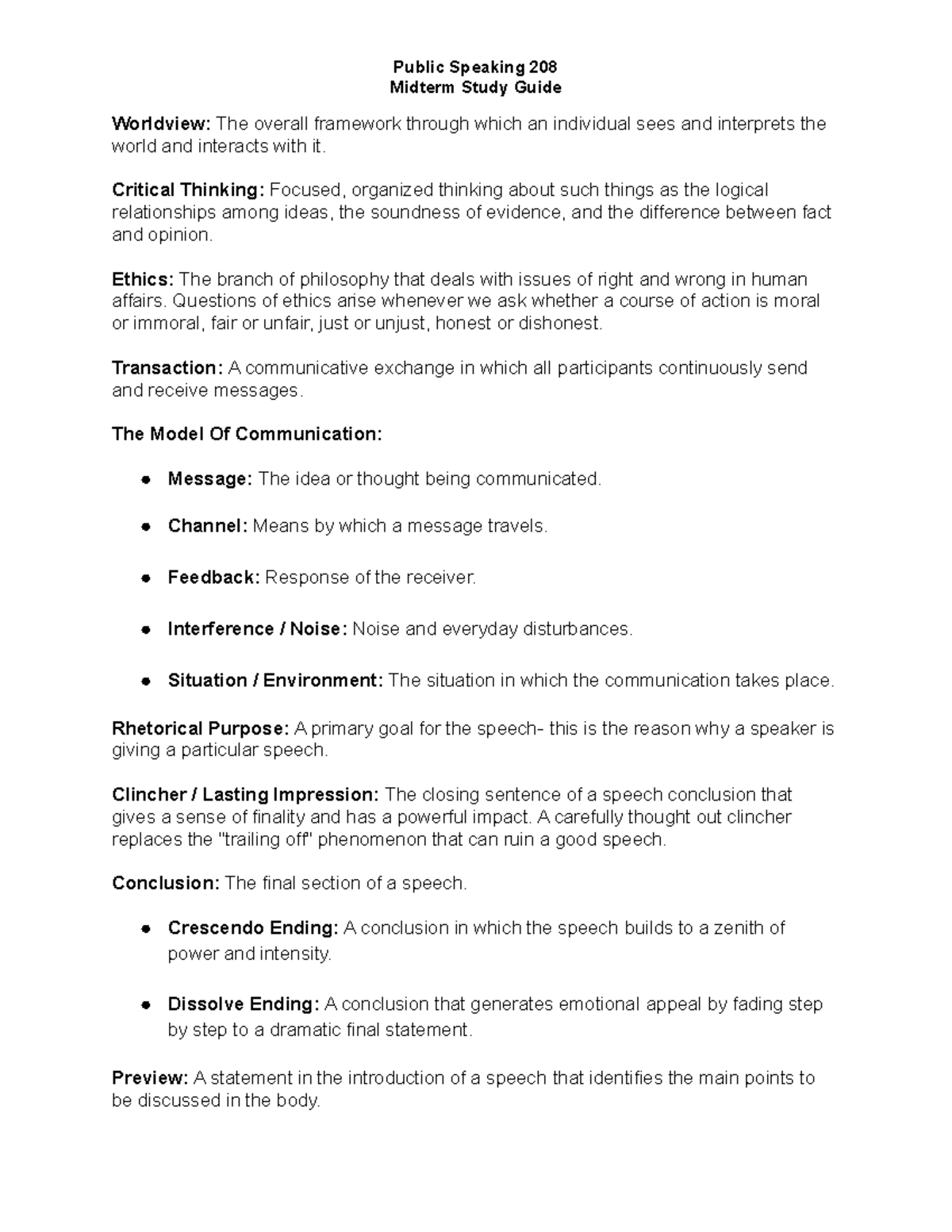 SPK Midterm Study Guide - Public Speaking 208 Midterm Study Guide ...