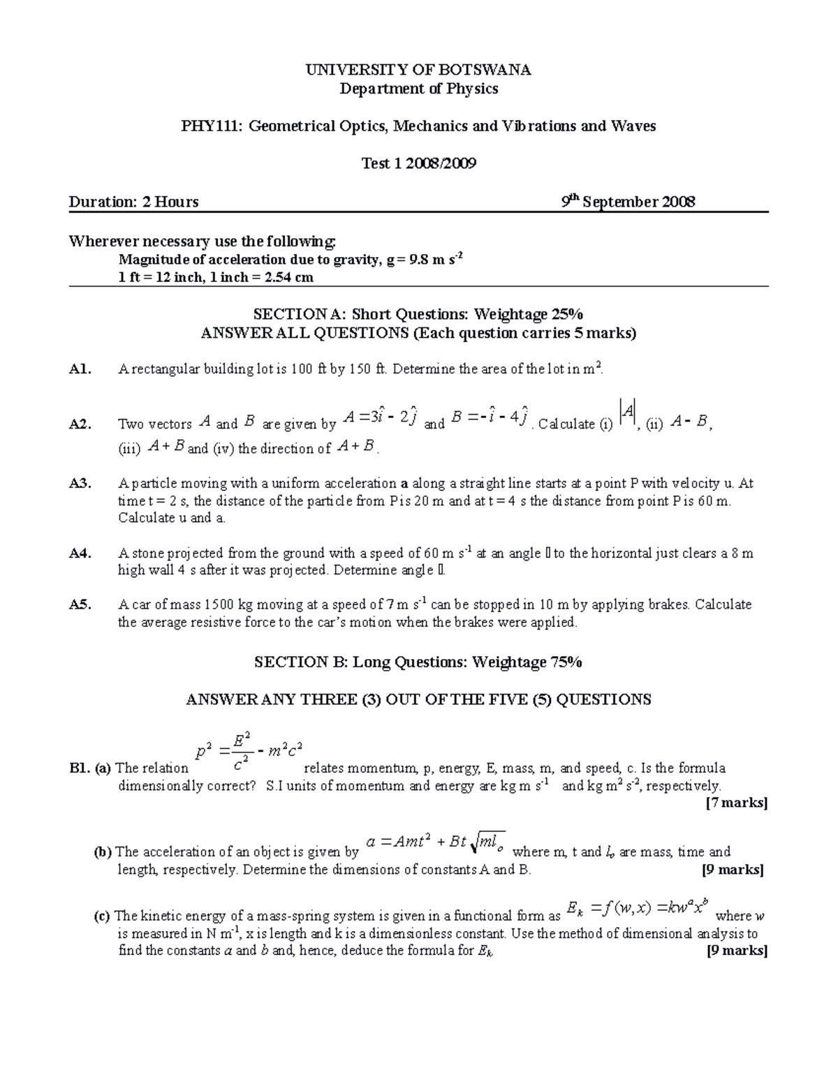 2008 phy 111 test 1 - PHY 111 - UNIVERSITY OF BOTSWANA Department of ...