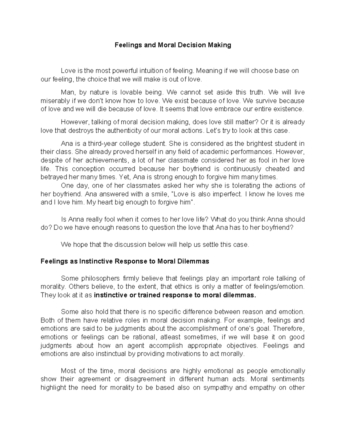 Feelings and Moral Decision Making - Meaning if we will choose base on ...