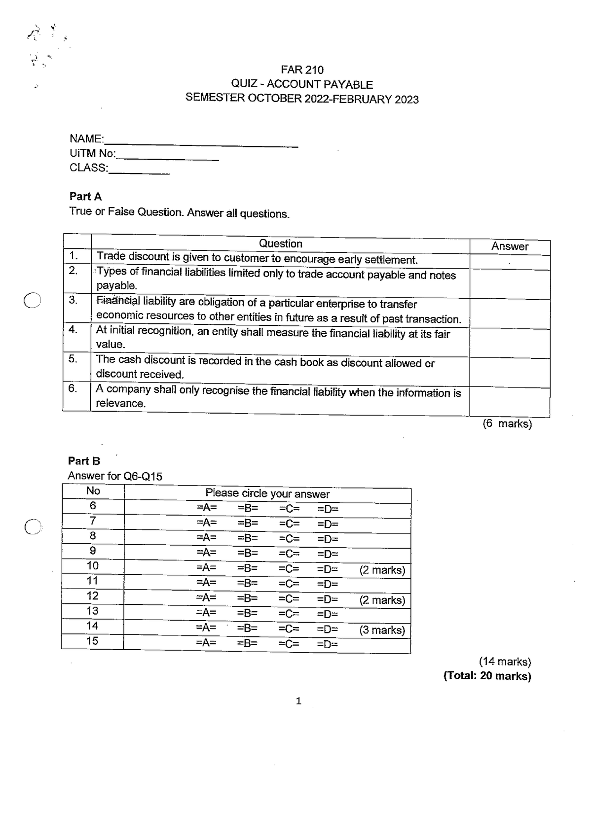 QUIZ Payable FEB2023 - Financial Accounting And Reporting - Studocu