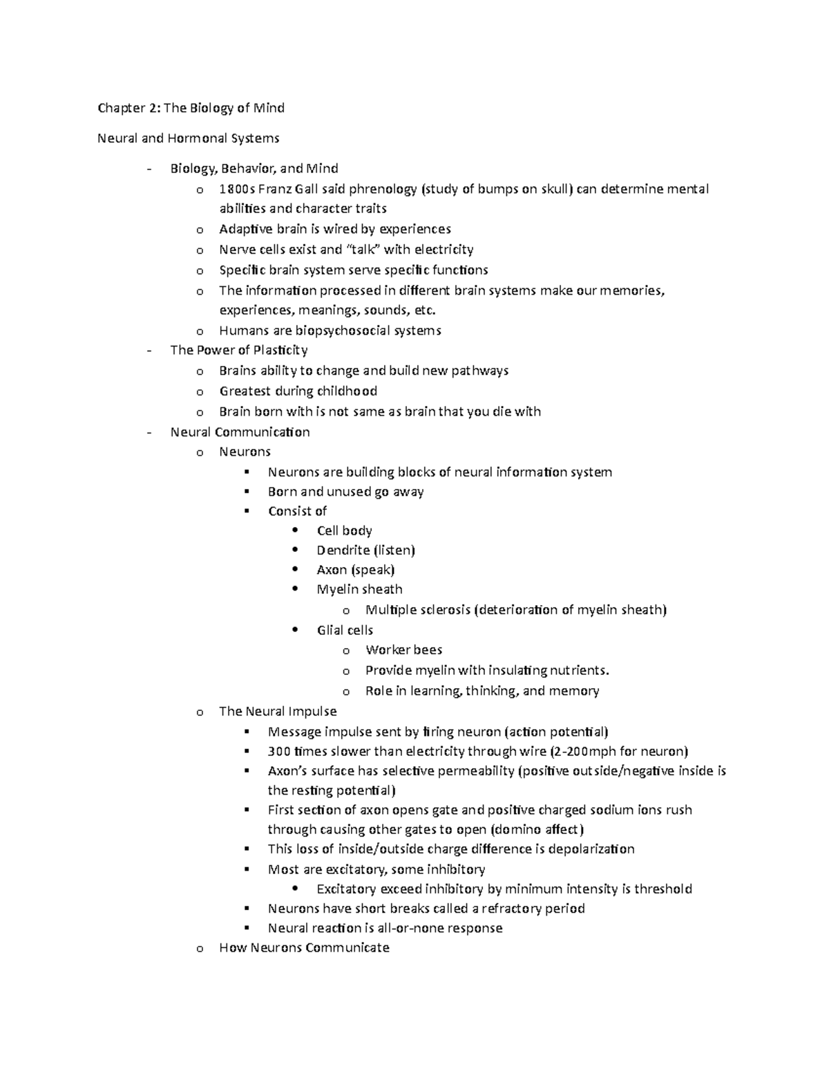 Chapter 2 Notes - Chapter 2: The Biology Of Mind Neural And Hormonal ...