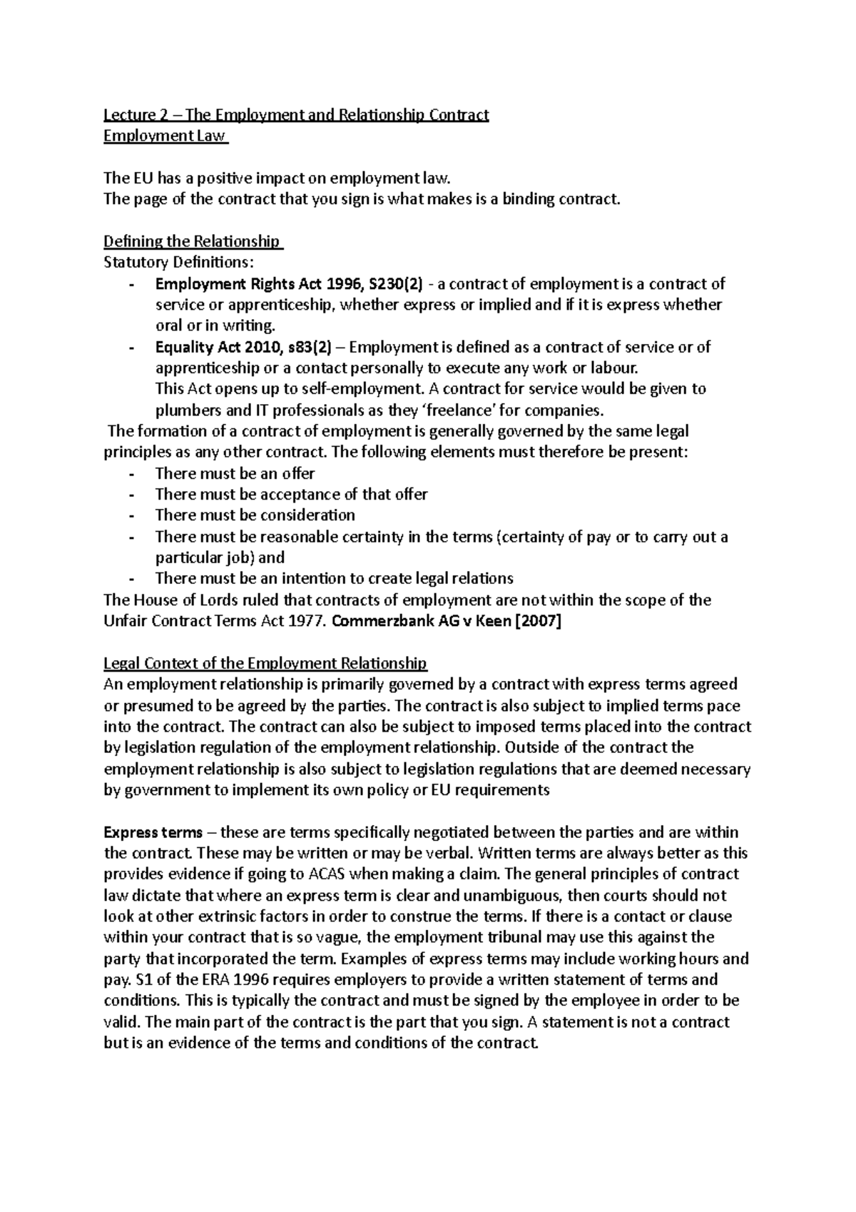 Lecture 2 - Employment Relationship and Contract - Lecture 2 – The ...