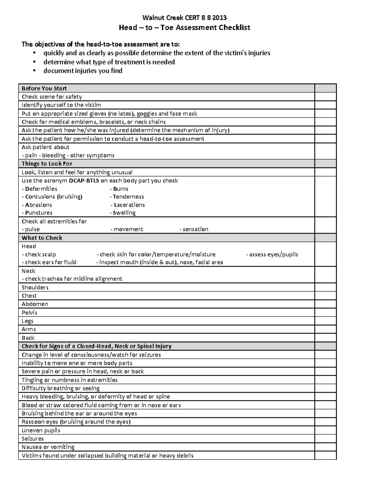 04 Head to Toe Assessment - Walnut Creek CERT 8 8 2013 Head – to – Toe ...