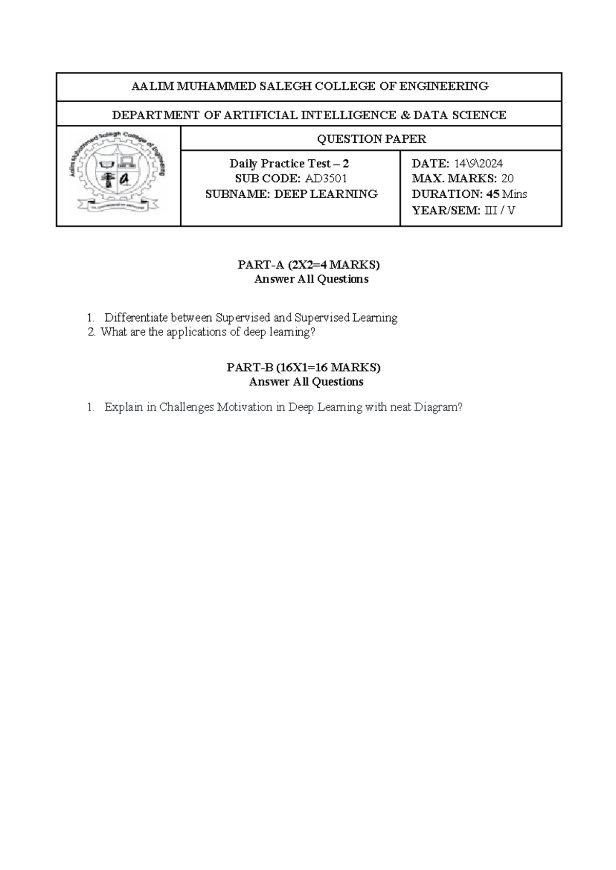 DPT 2 - Deeplearning Question Paper - AALIM MUHAMMED SALEGH COLLEGE OF ...