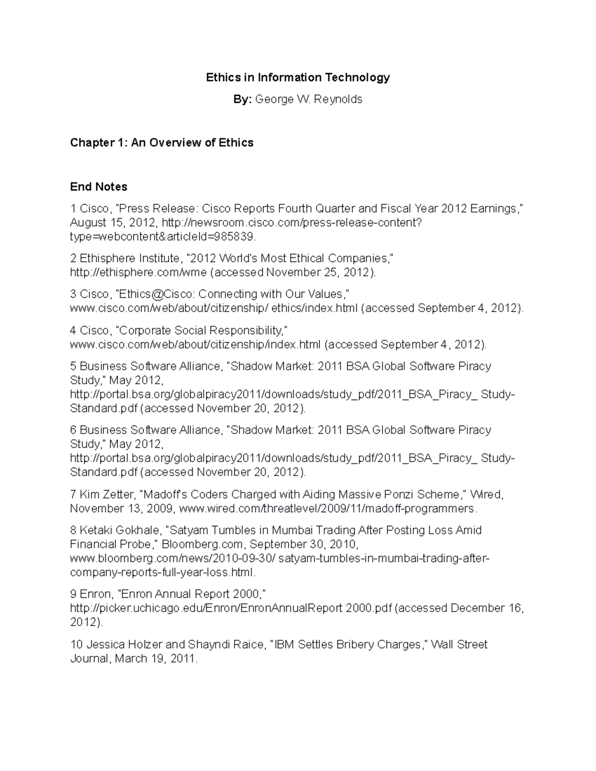 End Notes Chapter 1 An Overview of Ethics - Ethics in Information ...