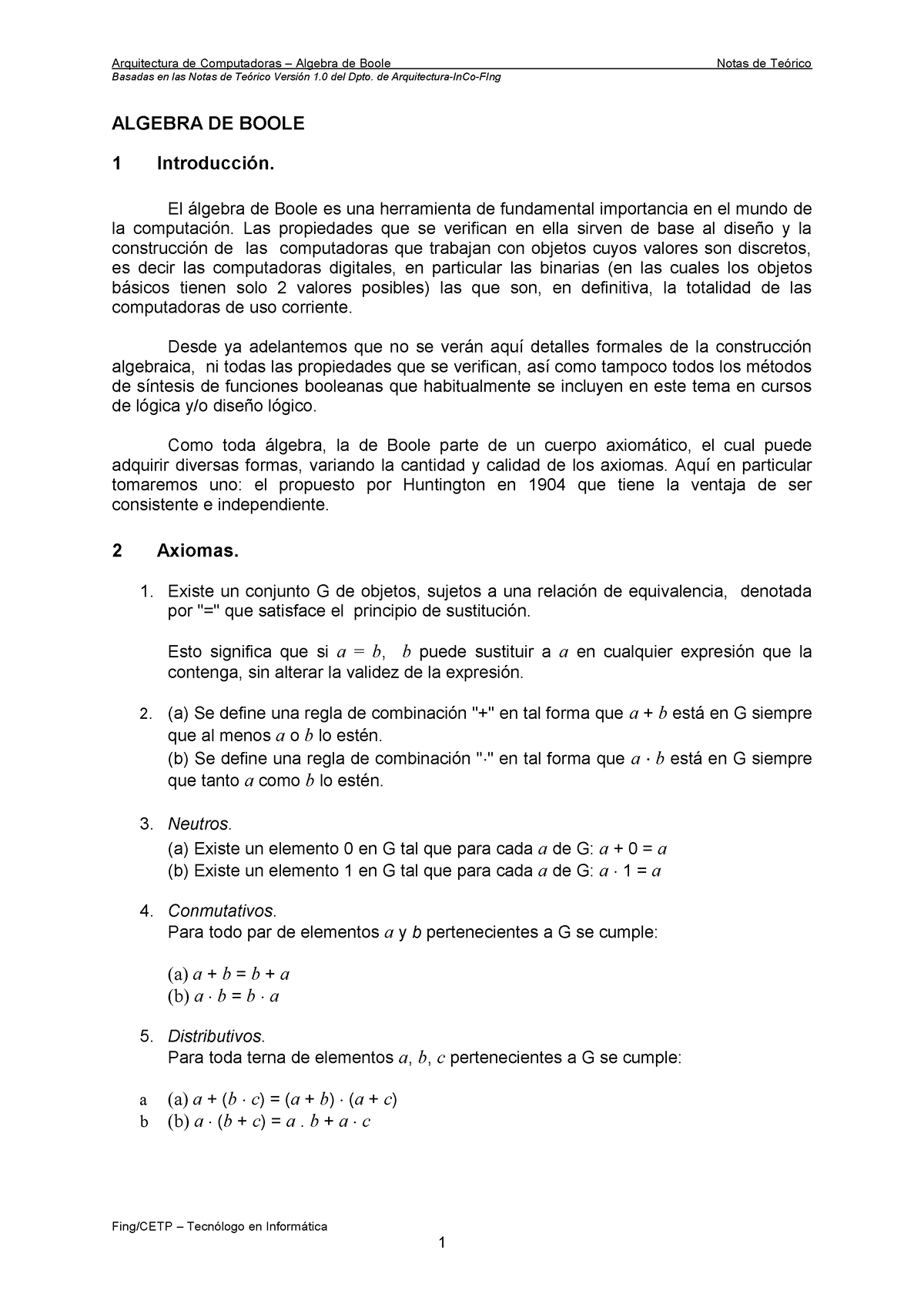 Arq-teo03 - Algebra De Boole - ALGEBRA DE BOOLE 1 Introducción. El ...