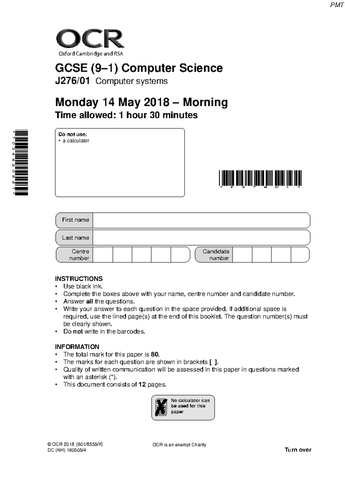 2018 cs1 - OCR is an exempt Charity GCSE (9–1) Computer Science J276/01 ...