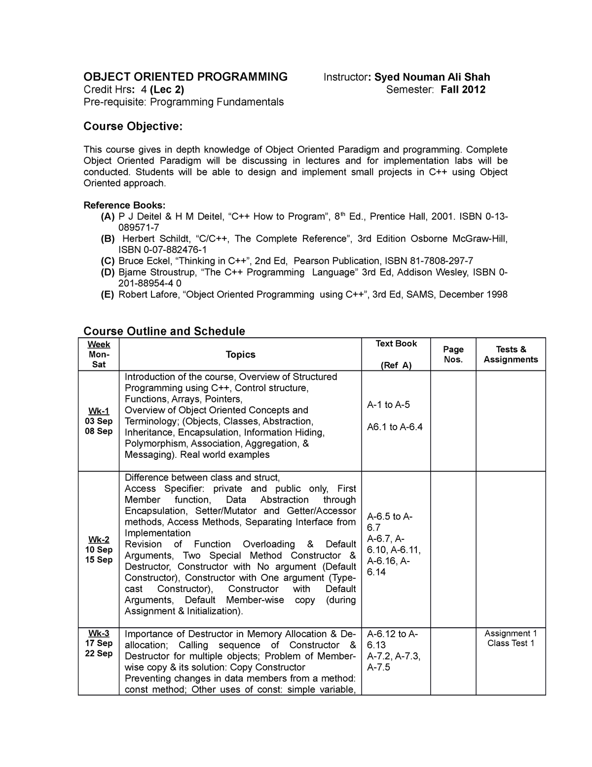 Object Oriented Programming Course Outline