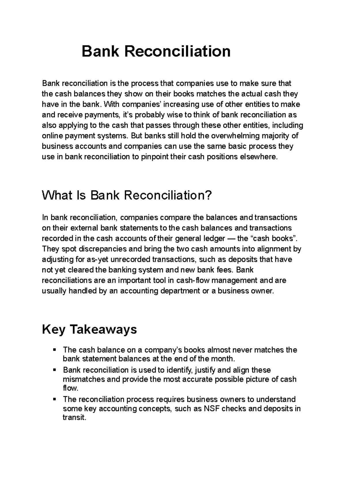 BANK Reconciliation - Bank Reconciliation Bank reconciliation is the ...