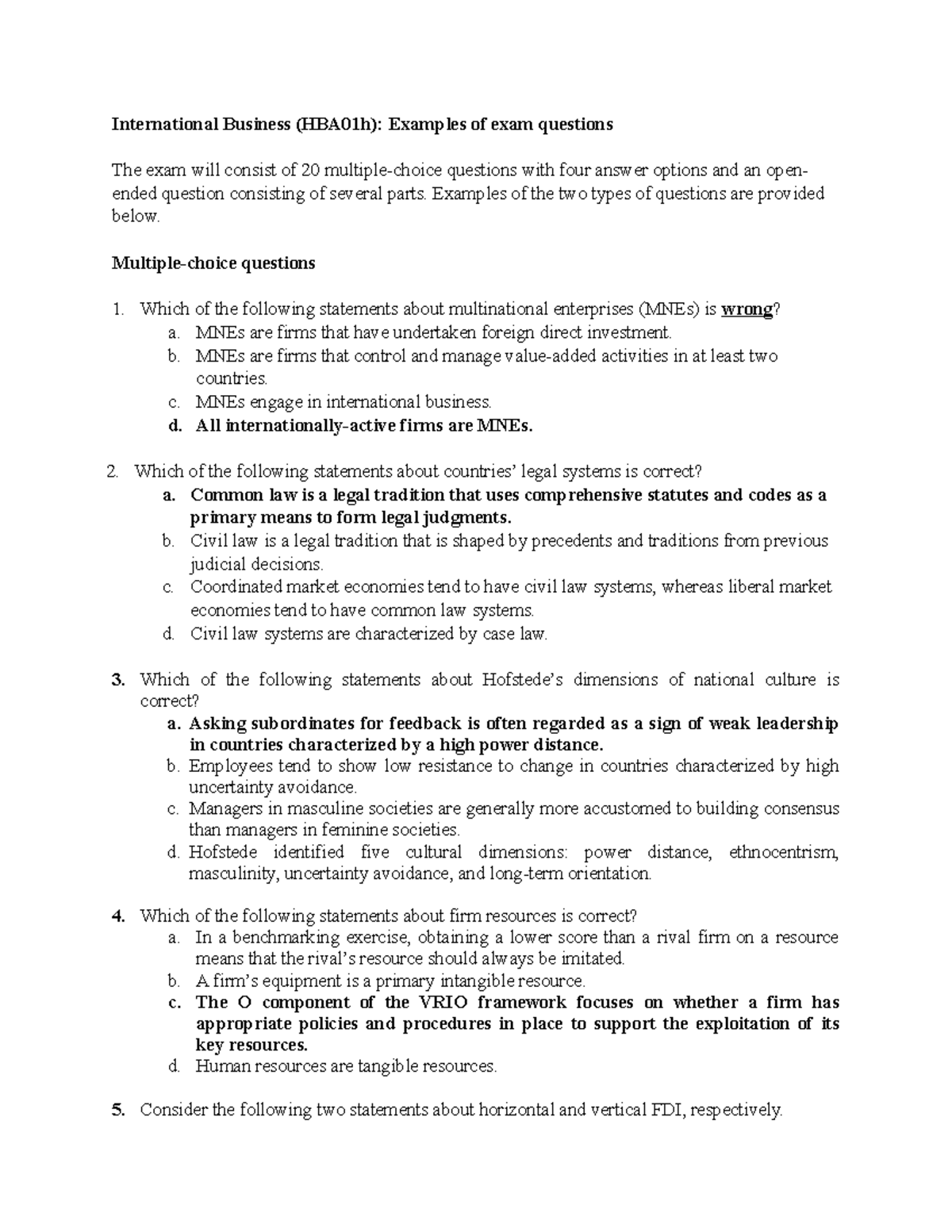 Sample exam questions 1 - International Business (HBA01h): Examples of ...