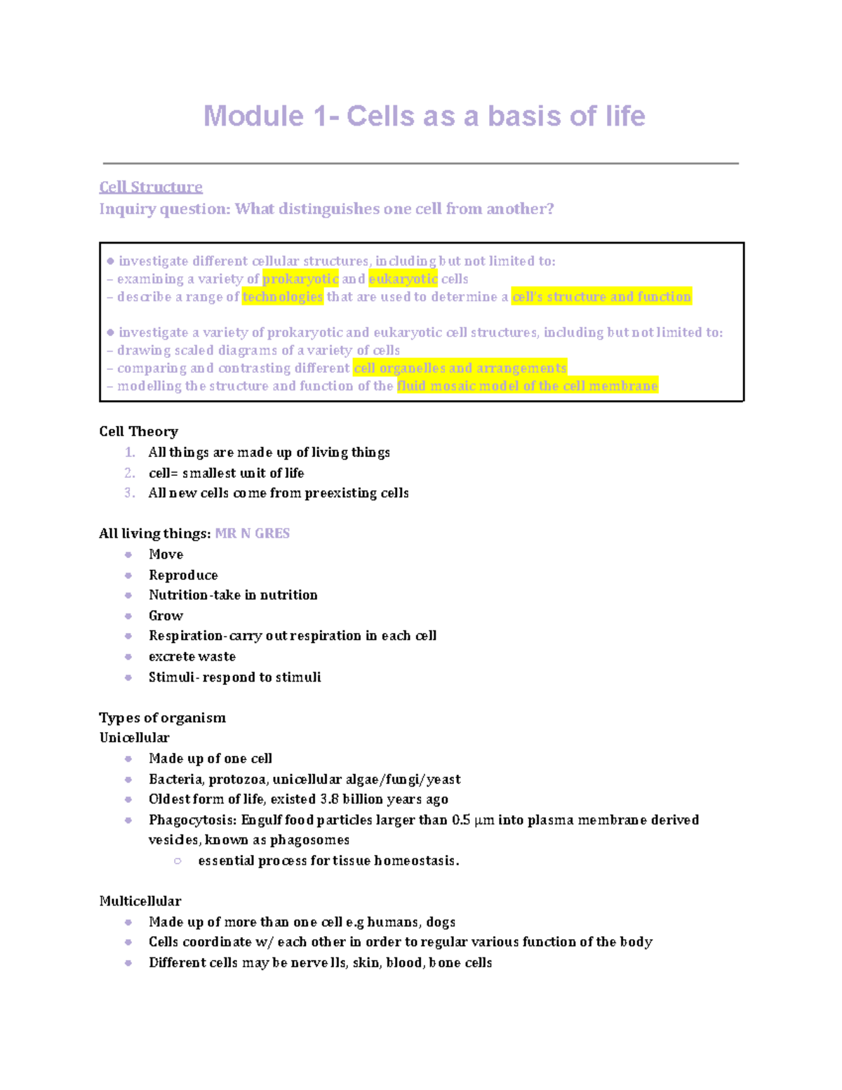 Upload bio mod 1 prelim bio mod 1 notes Module 1 Cells as a basis