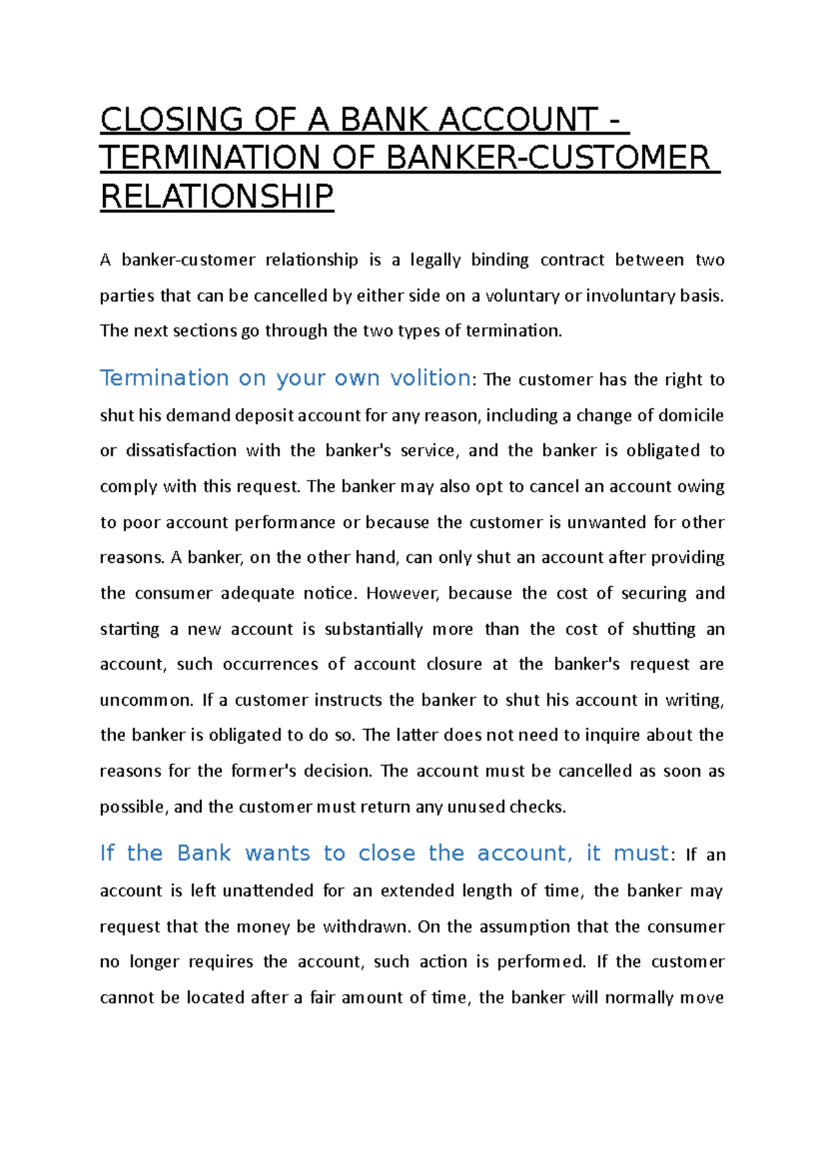 Closing OF A BANK Account Termination OF Banker Customer 