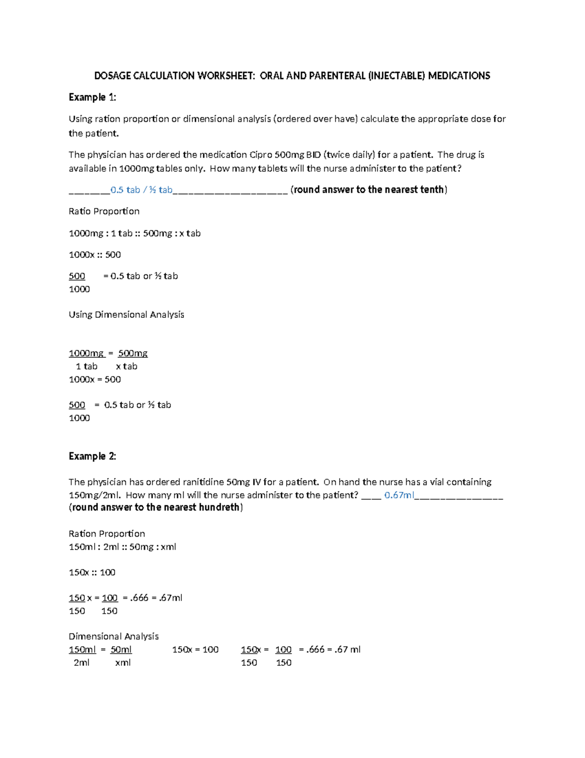DCC Oral Parenteral Meds Worksheet DOSAGE CALCULATION WORKSHEET ORAL AND PARENTERAL