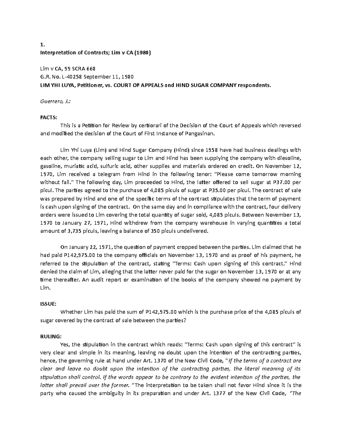 Interpretation of Contracts Lim v CA 198 - 1. Interpretation of ...