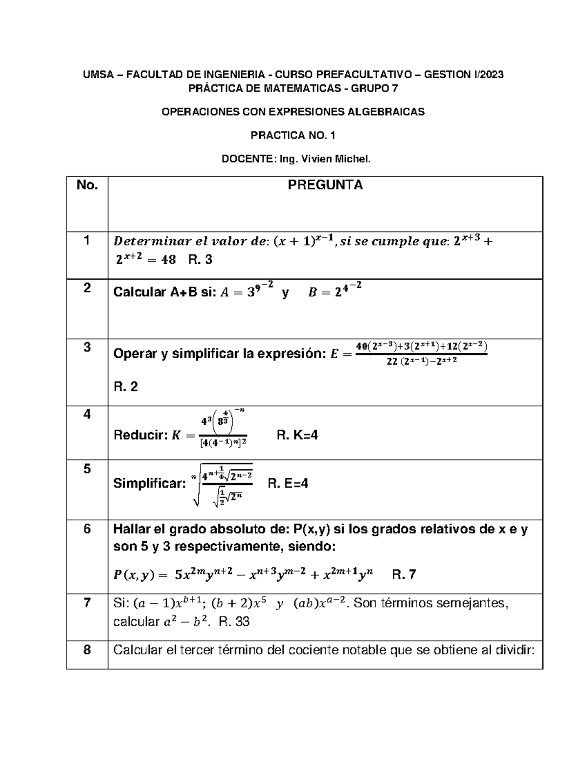 Operaciones CON Expresiones Algebraicas 1 - UMSA – FACULTAD DE ...