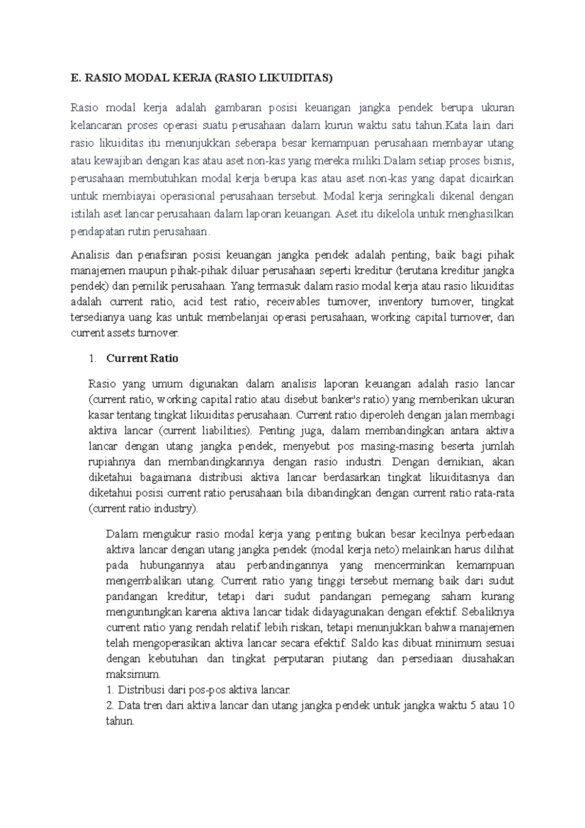 ALK Bagain E - Analisis Rasio - E. RASIO MODAL KERJA (RASIO LIKUIDITAS ...