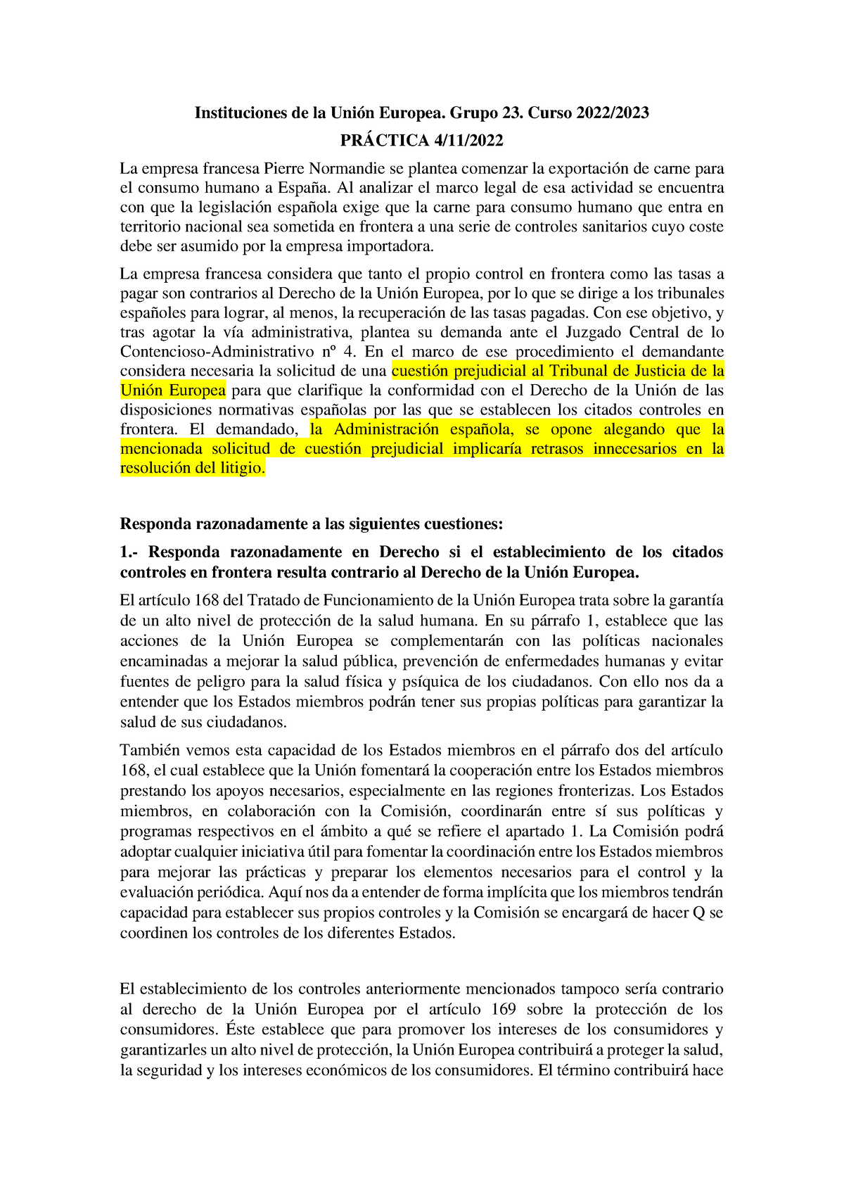 Practica 4 De Noviembre De 2022 Instituciones De La Unión Europea Grupo 23 Curso 2022 