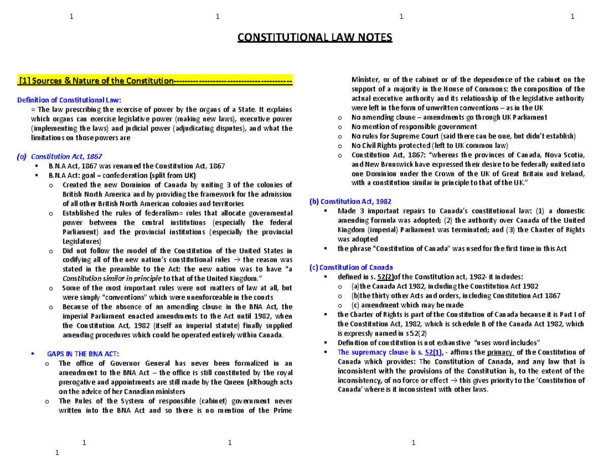 Const Notes - 1 1 1 CONSTITUTIONAL LAW NOTES [1] Sources & Nature Of ...